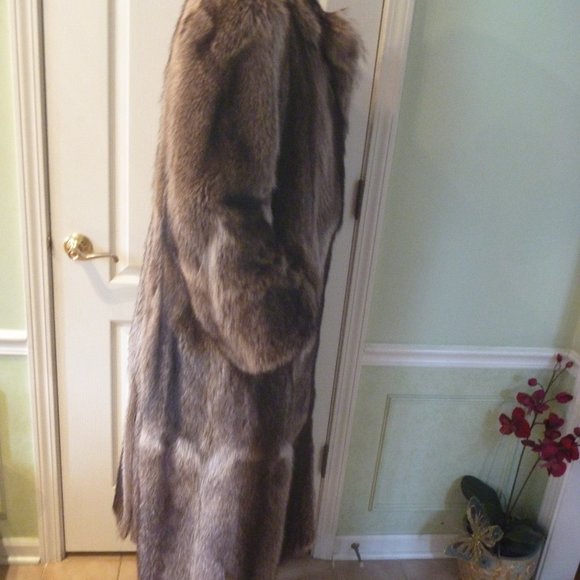 Long Racoon Real Fur Long Coat L Women Brown Gray USA Slit Ear Muffs Set - Picture 13 of 15